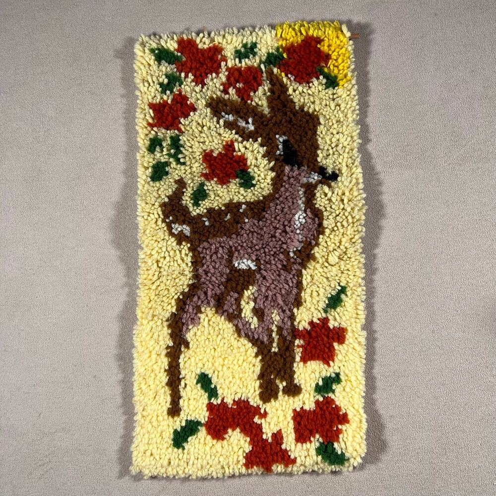 Vintage Handmade Latch Hook Wool Rug Bambi Fawn Baby Deer Nature Fall 24"x12"